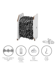 Cadena Motosierra 3/8" / 0.050" 1,3 mm. / 91 P / Rollo 30,5 metros.