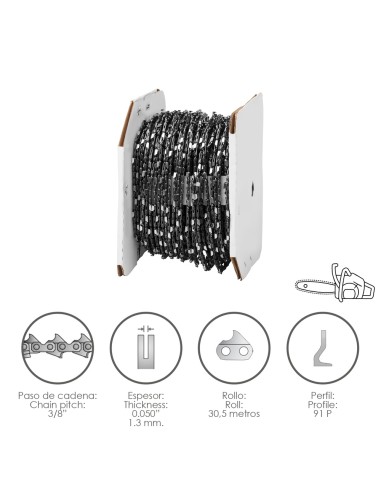 Cadena Motosierra 3/8" / 0.050" 1,3 mm. / 91 P / Rollo 30,5 metros.