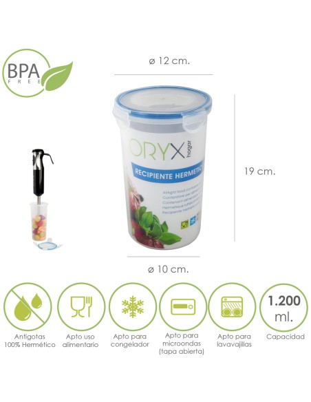 Recipiente Hermetico Plastico Redondo 1.200 ml. Ø 12 x 19 (Alt.) cm.