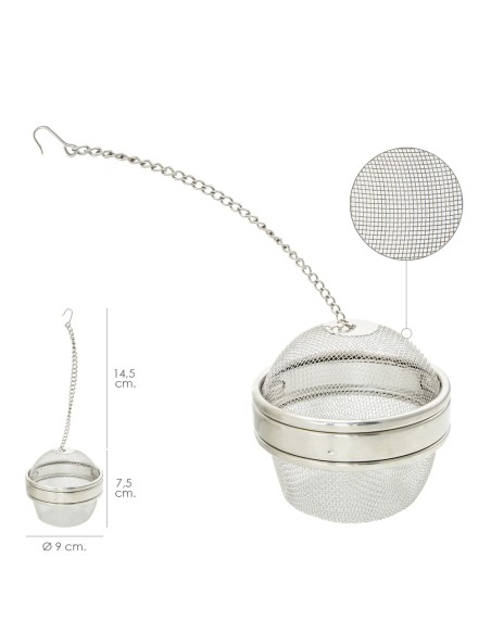 Bola Malla Para Especias / Te / Legumbres Acero Inoxidable Ø 9 cm. Con Cadena