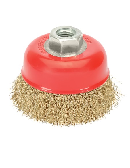 Cepillo Taza Con Alambre De Acero Latonado Rosca M14, Ø 120 mm. Alambre de Ø 0,30 mm.