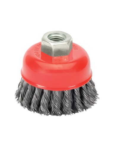 Cepillo Taza Con Alambre De Acero Trenzado Rosca M14, Ø 100 mm. Alambre de Ø 0,50 mm.