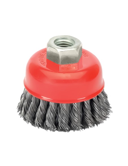 Cepillo Taza Con Alambre De Acero Trenzado Rosca M14, Ø 100 mm. Alambre de Ø 0,50 mm.