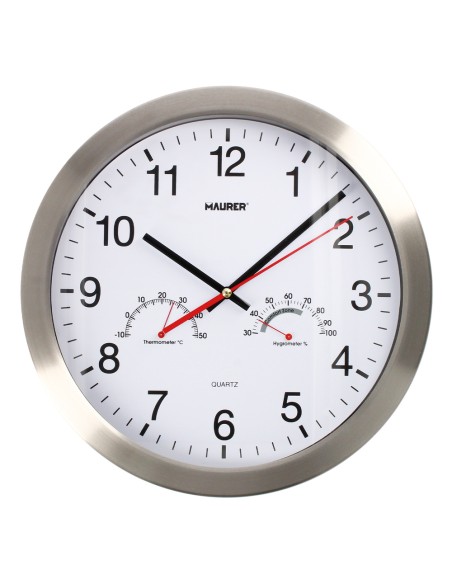Reloj De Pared Ø 30 cm. Con Higrometro y Termometro. Frontal En Acero