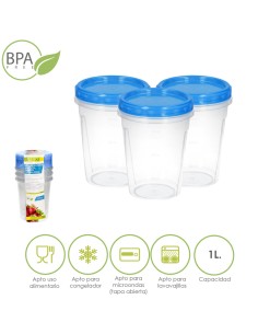 Juego Recipientes Plastico Redondos 1 Litro (Pack 3 piezas)