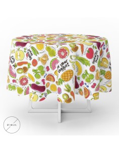 Mantel Hule Redondo Frutas Fantasia Impermeable Antimanchas PVC Ø 140 cm. Uso Interior y Exterior