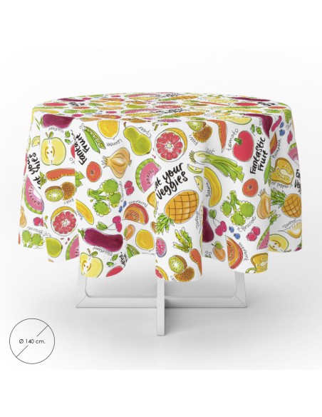 Mantel Hule Redondo Frutas Fantasia Impermeable Antimanchas PVC Ø 140 cm. Uso Interior y Exterior