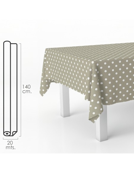 Mantel Hule Rectangular Topos Beige. Impermeable Antimanchas PVC 140 cm. x 20 metros. Rollo Recortable. Interior y Exterior