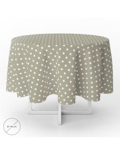 Mantel Hule Redondo Topos Beige Impermeable Antimanchas PVC Ø140 cm. Uso Interior y Exterior