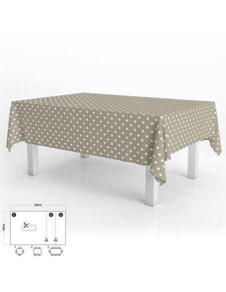 Mantel Hule Rectangular Topos Beige Impermeable Antimanchas PVC 140x250 cm. Recortable Uso Interior y Exterior