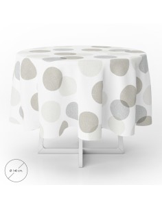 Mantel Hule Redondo Circulos Beige Impermeable Antimanchas PVC Ø 140 cm. Uso Interior y Exterior