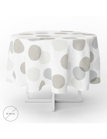 Mantel Hule Redondo Circulos Beige Impermeable Antimanchas PVC Ø 140 cm. Uso Interior y Exterior