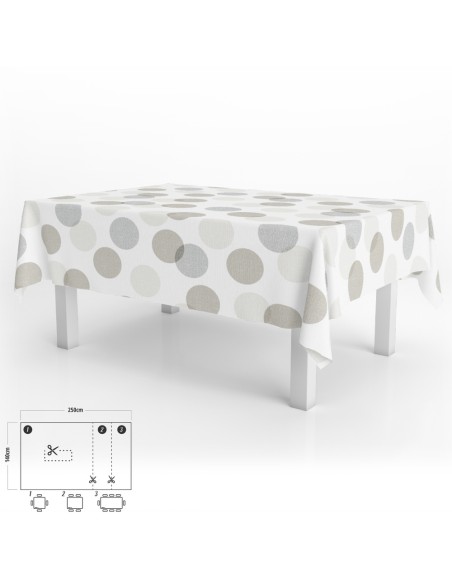 Mantel Hule Rectangular Circulos Beige Impermeable Antimanchas PVC 140x250 cm. Recortable Uso Interior y Exterior