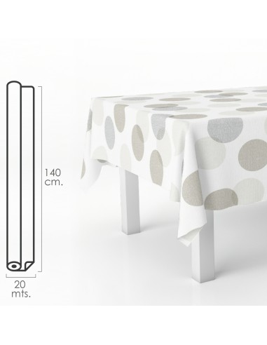 Mantel Hule Rectangular Circulos Beis. Impermeable Antimanchas PVC 140 cm. x 20 metros. Rollo Recortable. Interior y Exterior