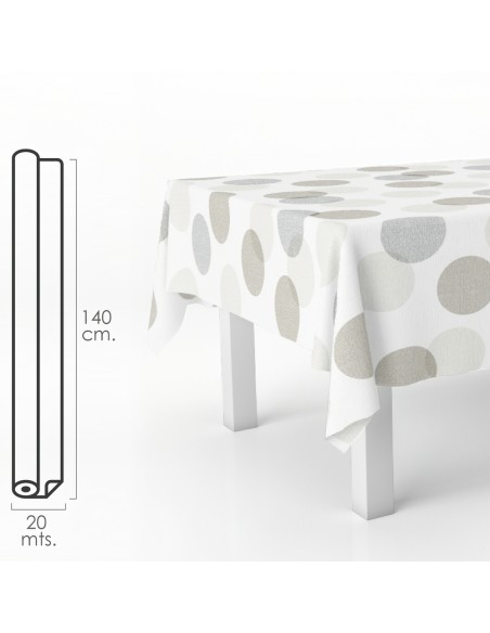 Mantel Hule Rectangular Circulos Beis. Impermeable Antimanchas PVC 140 cm. x 20 metros. Rollo Recortable. Interior y Exterior