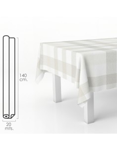 Mantel Hule Rectangular Cuadros Beis. Impermeable Antimanchas PVC 140 cm. x 20 metros. Rollo Recortable. Interior y Exterior