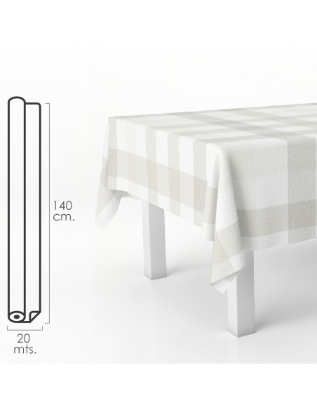 Mantel Hule Rectangular Cuadros Beis. Impermeable Antimanchas PVC 140 cm. x 20 metros. Rollo Recortable. Interior y Exterior