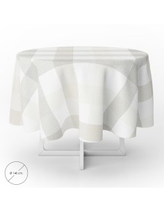 Mantel Hule Redondo Cuadros Beige Impermeable Antimanchas PVC Ø 140 cm. Uso Interior y Exterior