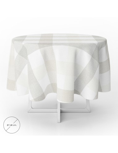 Mantel Hule Redondo Cuadros Beige Impermeable Antimanchas PVC Ø 140 cm. Uso Interior y Exterior