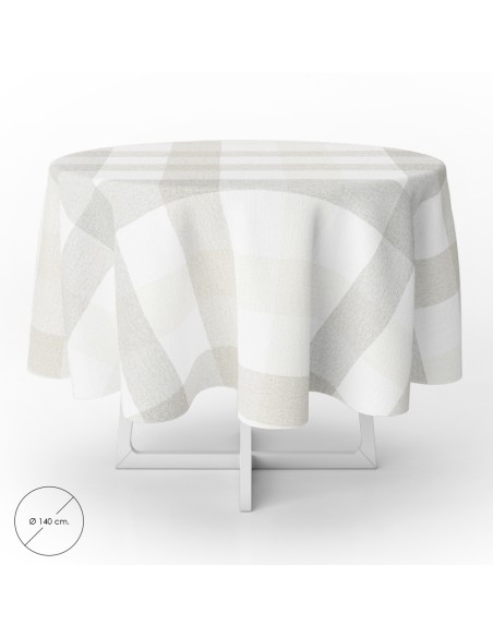 Mantel Hule Redondo Cuadros Beige Impermeable Antimanchas PVC Ø 140 cm. Uso Interior y Exterior