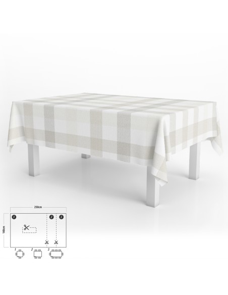 Mantel Hule Rectangular Cuadros Beige Impermeable Antimanchas PVC 140x250 cm. Recortable Uso Interior y Exterior