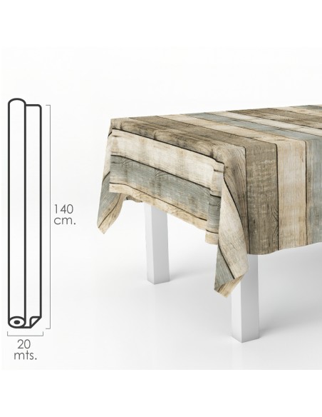 Mantel Hule Rectangular Tablones Madera. Impermeable Antimanchas PVC 140 cm. x 20 metros. Rollo Recortable. Interior y Exterior