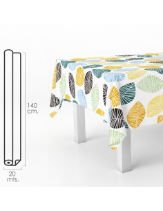 Mantel Hule Rectangular Hojas Colores. Impermeable Antimanchas PVC 140 cm. x 20 metros. Rollo Recortable. Interior y Exterior