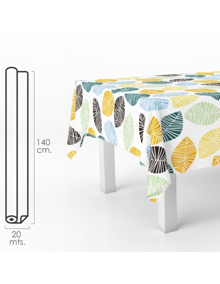 Mantel Hule Rectangular Hojas Colores. Impermeable Antimanchas PVC 140 cm. x 20 metros. Rollo Recortable. Interior y Exterior