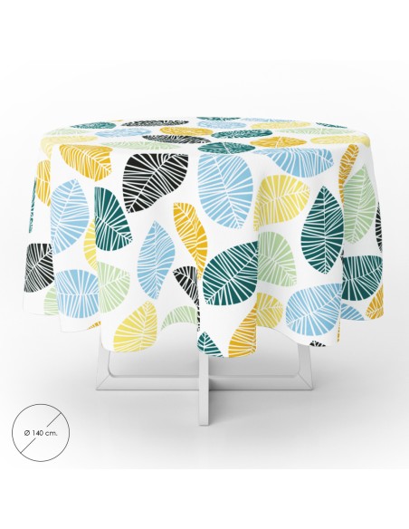 Mantel Hule Redondo Hojas Colores Impermeable Antimanchas PVC Ø 140 cm. Uso Interior y Exterior