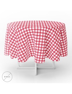 Mantel Hule Redondo Cuadros Rojos Impermeable Antimanchas PVC Ø140 cm. Uso Interior y Exterior
