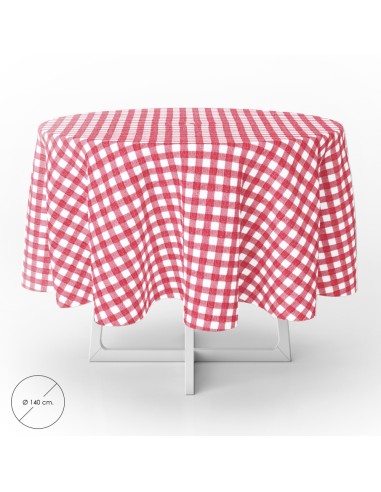 Mantel Hule Redondo Cuadros Rojos Impermeable Antimanchas PVC Ø140 cm. Uso Interior y Exterior