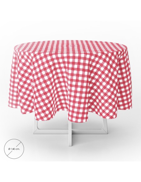 Mantel Hule Redondo Cuadros Rojos Impermeable Antimanchas PVC Ø140 cm. Uso Interior y Exterior