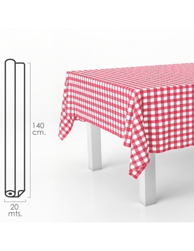 Mantel Hule Rectangular Cuadros Rojos. Impermeable Antimanchas PVC 140 cm. x 20 metros. Rollo Recortable. Interior y Exterior