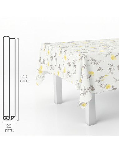 Mantel Hule Rectangular Flores Amarillas. Impermeable Antimanchas PVC 140 cm. x 20 metros. Rollo Recortable. Interior y Exterior