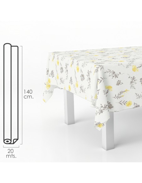 Mantel Hule Rectangular Flores Amarillas. Impermeable Antimanchas PVC 140 cm. x 20 metros. Rollo Recortable. Interior y Exterior