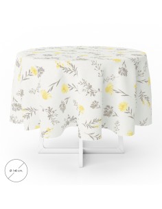 Mantel Hule Redondo Flores Amarillas Impermeable Antimanchas PVC Ø140 cm. Uso Interior y Exterior