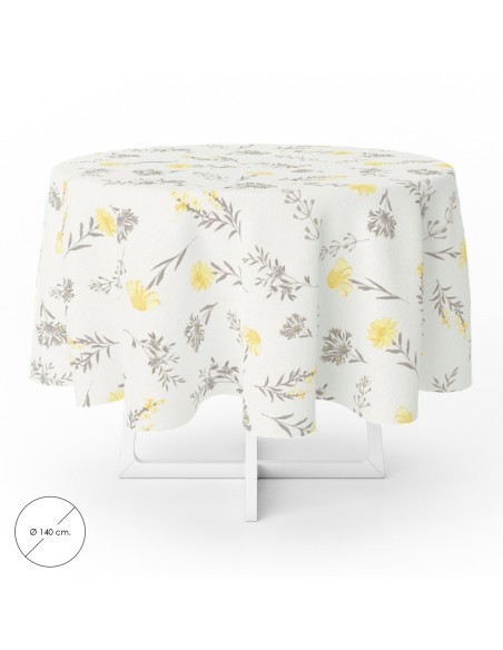 Mantel Hule Redondo Flores Amarillas Impermeable Antimanchas PVC Ø140 cm. Uso Interior y Exterior