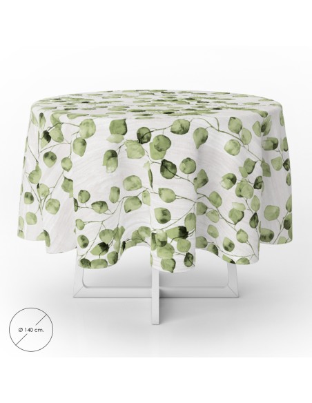 Mantel Hule Redondo Hojas Verdes Impermeable Antimanchas PVC Ø140 cm. Uso Interior y Exterior