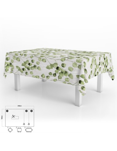 Mantel Hule Rectangular Hojas Verdes Impermeable Antimanchas PVC 140x250 cm. Recortable Uso Interior y Exterior
