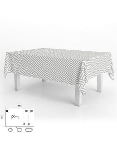 Mantel Hule Rectangular Rombos Grises Impermeable Antimanchas PVC 140x250 cm. Recortable Uso Interior y Exterior