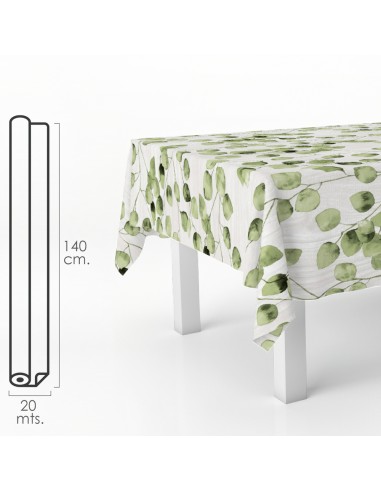 Mantel Hule Rectangular Hojas Verdes. Impermeable Antimanchas PVC 140 cm. x 20 metros. Rollo Recortable. Interior y Exterior