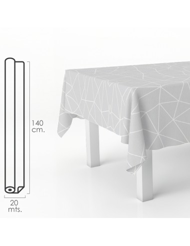 Mantel Hule Rectangular Geometrico Gris. Impermeable Antimanchas PVC 140 cm. x 20 metros. Rollo Recortable. Interior y Exterior
