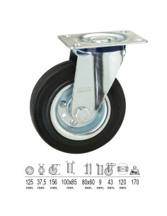 Rueda Industrial Goma Negra Placa 125 mm.