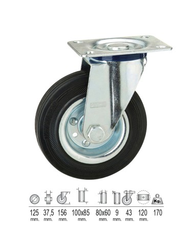 Rueda Industrial Goma Negra Placa 125 mm.