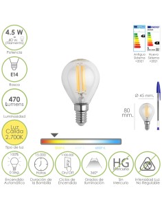 Bombilla Led Filamento Esfera Rosca E14. 4,5 Watt. Equivale A 40 Watt. 470 Lumenes. Luz Cálida (2700º K.)