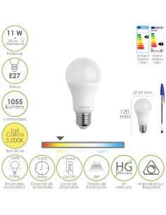 Bombilla Led Estandar Rosca E27. 11 Watt. Equivale A 90 Watt. 1055 Lumenes. Luz Calida (3000º K.) Dimerable