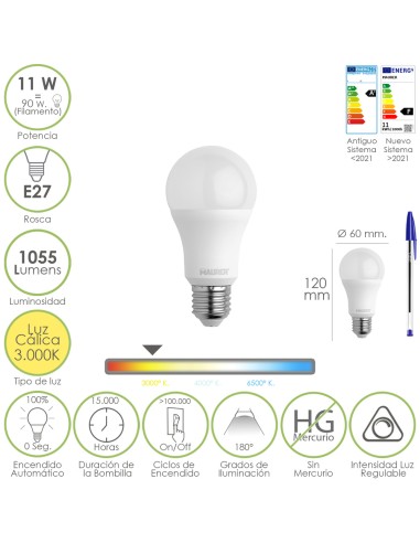 Bombilla Led Estandar Rosca E27. 11 Watt. Equivale A 90 Watt. 1055 Lumenes. Luz Calida (3000º K.) Dimerable