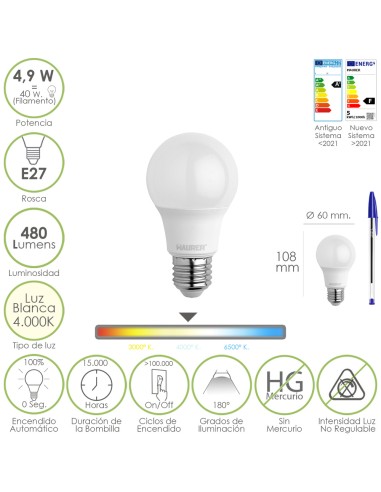 Bombilla Led Estandar Rosca E27. 4.9 Watt. Equivale A 40 Watt. 480 Lumenes. Luz Blanca (4000º K.)