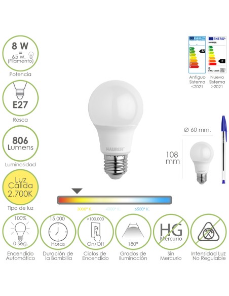 Bombilla Led Estandar Rosca E27. 8 Watt. Equivale A 65 Watt. 806 Lumenes. Luz Calida (2700º K.)