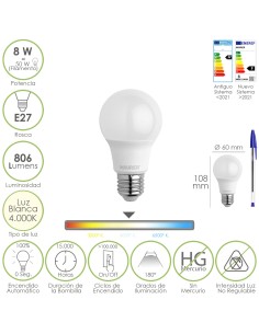 Bombilla Led Estandar Rosca E27. 8 Watt. Equivale A 65 Watt. 806 Lumenes. Luz Neutra (4000º K.)